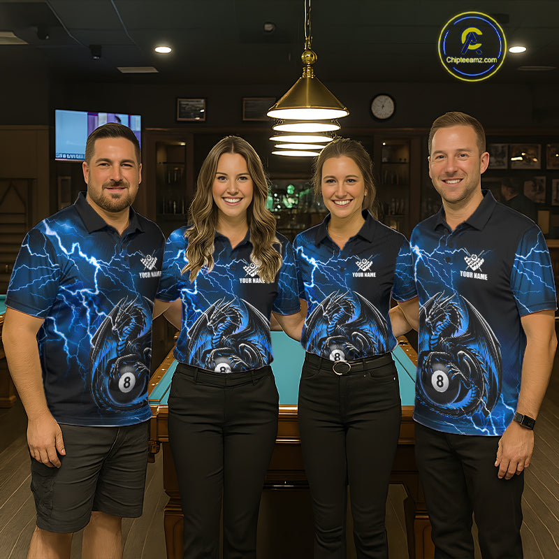 Pool team wearing matching blue thunder lightning dragon 8 ball billiard jerseys during tournament competition front view.