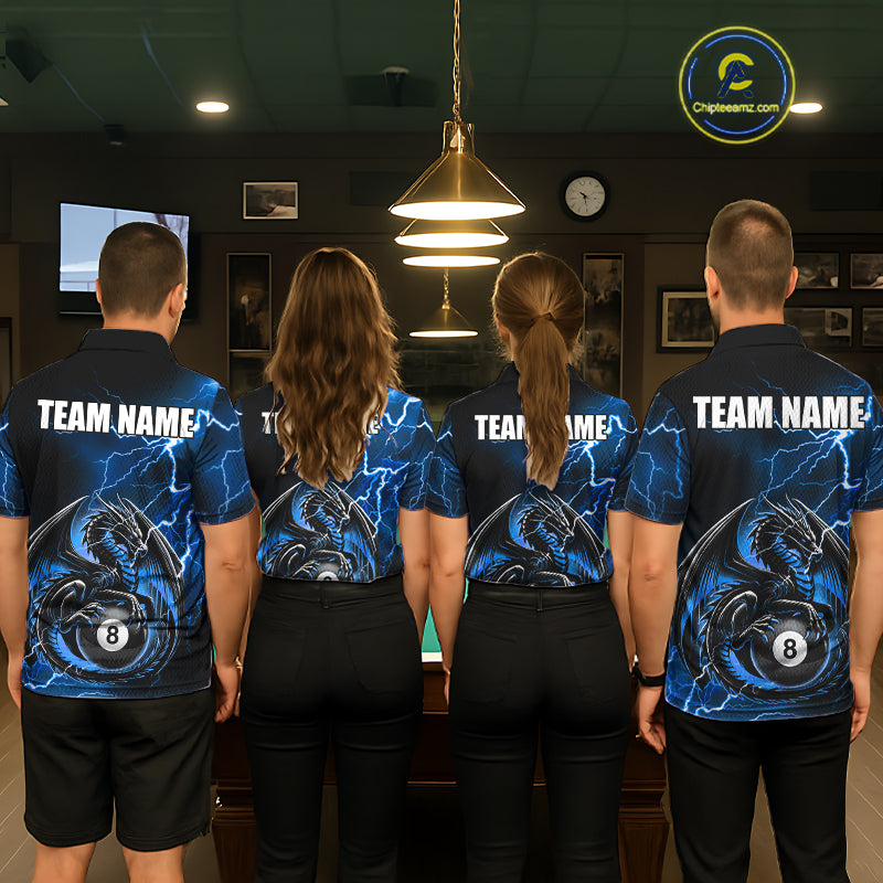 Back view of pool players wearing matching blue thunder lightning dragon billiard shirts in a game room.