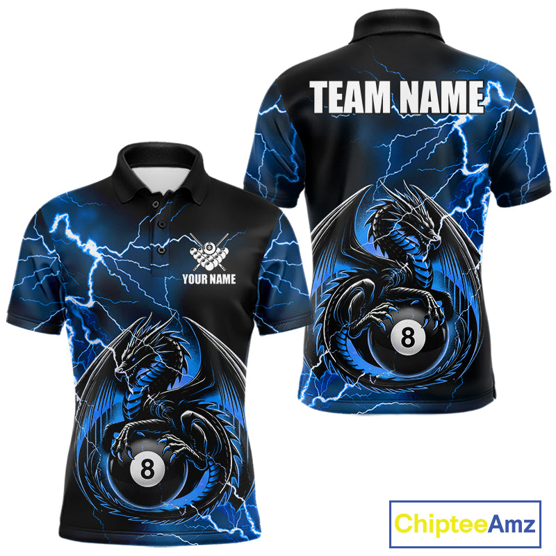Blue thunder lightning dragon 8 ball billiard polo shirt for men with custom pool team graphics.