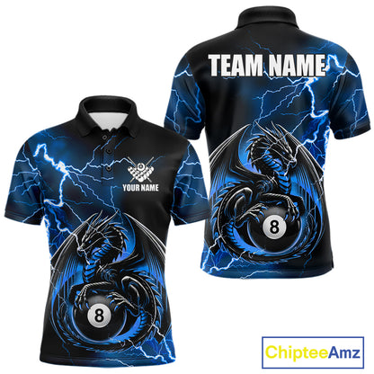 Blue thunder lightning dragon 8 ball billiard polo shirt for men with custom pool team graphics.