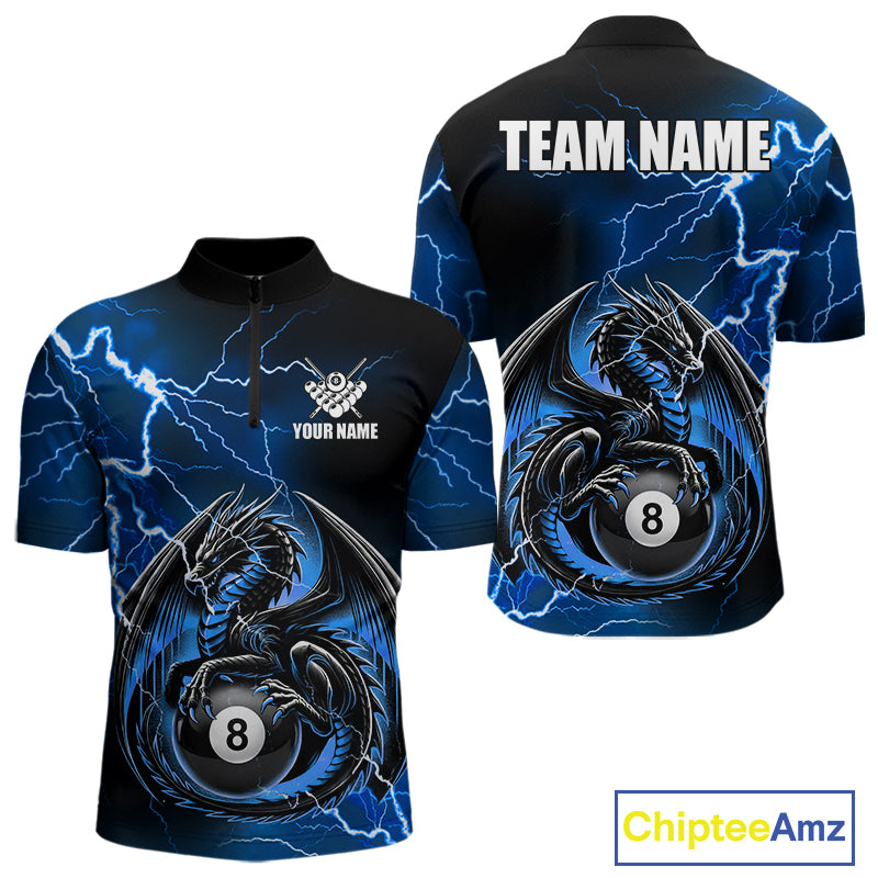Blue thunder lightning dragon 8 ball billiard quarter zip shirt for men designed for league tournaments and team events.