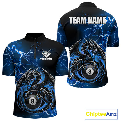 Blue thunder lightning dragon 8 ball billiard quarter zip shirt for men designed for league tournaments and team events.