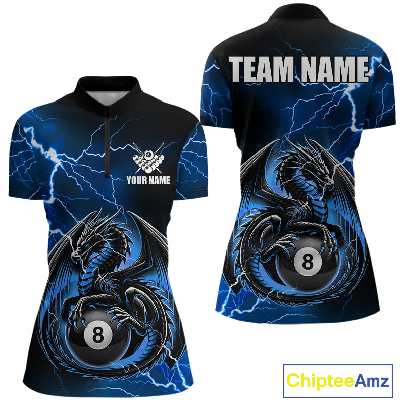 Blue thunder lightning dragon 8 ball billiard quarter zip shirt for women designed for league tournaments and team events.