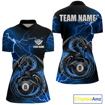 Blue thunder lightning dragon 8 ball billiard quarter zip shirt for women designed for league tournaments and team events.
