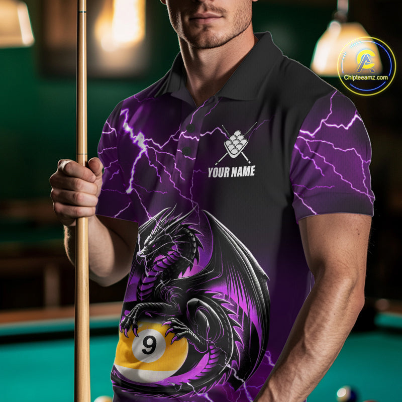 Man wearing a purple thunder lightning dragon 9 ball billiard jersey beside a pool table front view.