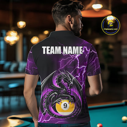 Back view of man wearing a purple thunder lightning dragon 9 ball pool shirt in a billiards hall.