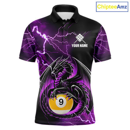 Purple thunder lightning dragon 9 ball billiard polo shirt for men with custom pool team graphics.
