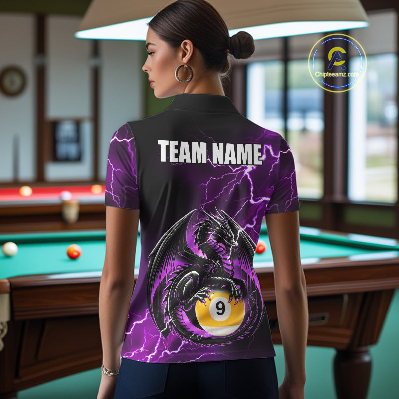 Back view of woman wearing a purple thunder lightning dragon 9 ball pool shirt in a billiards hall.