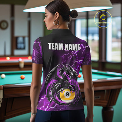 Back view of woman wearing a purple thunder lightning dragon 9 ball pool shirt in a billiards hall.