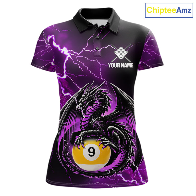 Purple thunder lightning dragon 9 ball billiard polo shirt for women with custom pool team graphics.