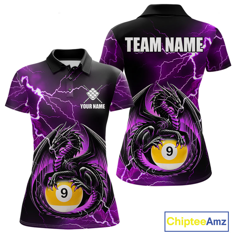 Purple thunder lightning dragon 9 ball billiard polo shirt for women with custom pool team graphics.
