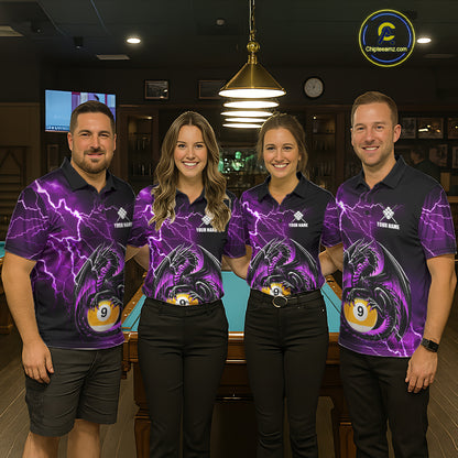Pool team wearing matching purple thunder lightning dragon 9 ball billiard jerseys during tournament competition front view.
