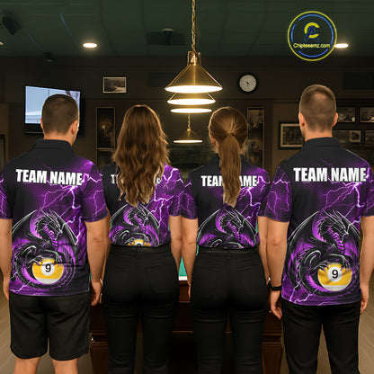 Back view of pool players wearing matching purple thunder lightning dragon billiard shirts in a game room.