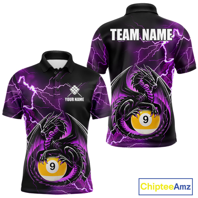 Purple thunder lightning dragon 9 ball billiard polo shirt for men with custom pool team graphics.