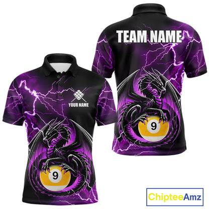 Purple thunder lightning dragon 9 ball billiard polo shirt for men with custom pool team graphics.