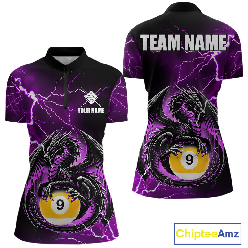 Purple thunder lightning dragon 9 ball billiard quarter zip shirt for women designed for league tournaments and team events.