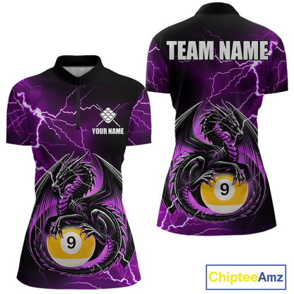 Purple thunder lightning dragon 9 ball billiard quarter zip shirt for women designed for league tournaments and team events.