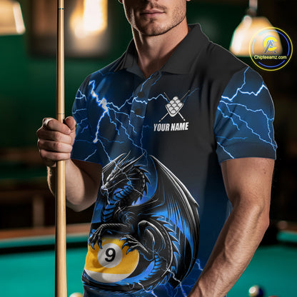 Man wearing a blue thunder lightning dragon 9 ball billiard jersey beside a pool table front view.