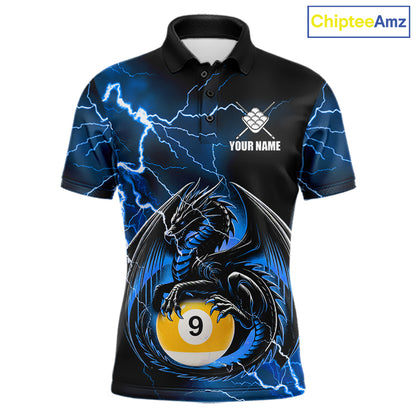 Blue thunder lightning dragon 9 ball billiard polo shirt for men with custom pool team graphics.