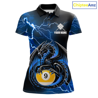 Blue thunder lightning dragon 9 ball billiard polo shirt for women with custom pool team graphics.