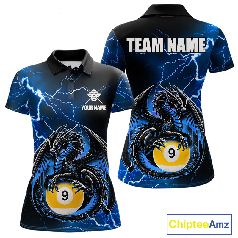 Blue thunder lightning dragon 9 ball billiard polo shirt for women with custom pool team graphics.