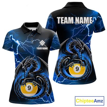 Blue thunder lightning dragon 9 ball billiard polo shirt for women with custom pool team graphics.