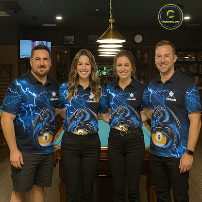 Pool team wearing matching blue thunder lightning dragon 9 ball billiard jerseys during tournament competition front view.