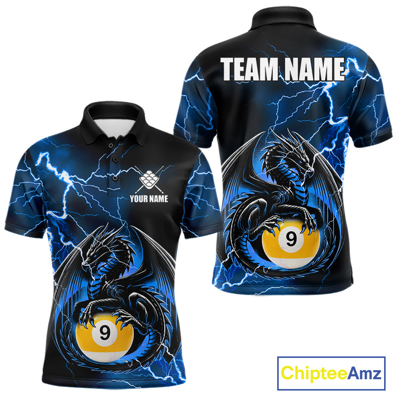 Blue thunder lightning dragon 9 ball billiard polo shirt for men with custom pool team graphics.