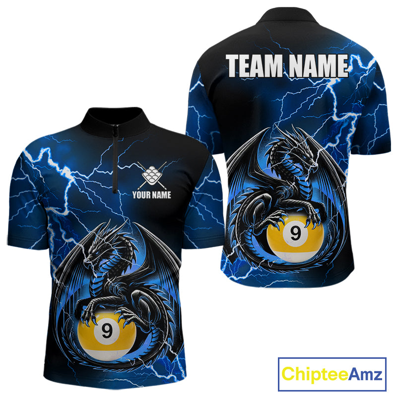 Blue thunder lightning dragon 9 ball billiard quarter zip shirt for men designed for league tournaments and team events.