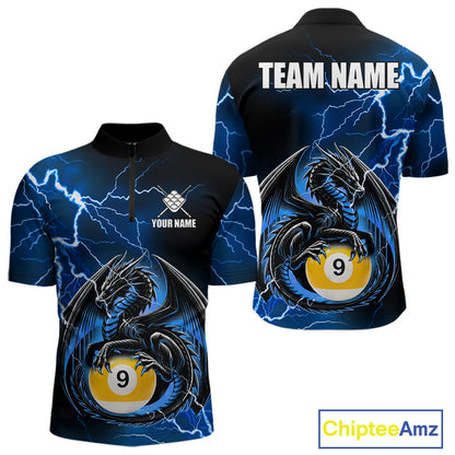 Blue thunder lightning dragon 9 ball billiard quarter zip shirt for men designed for league tournaments and team events.