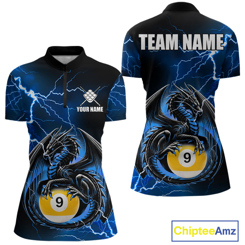 Blue thunder lightning dragon 9 ball billiard quarter zip shirt for women designed for league tournaments and team events.