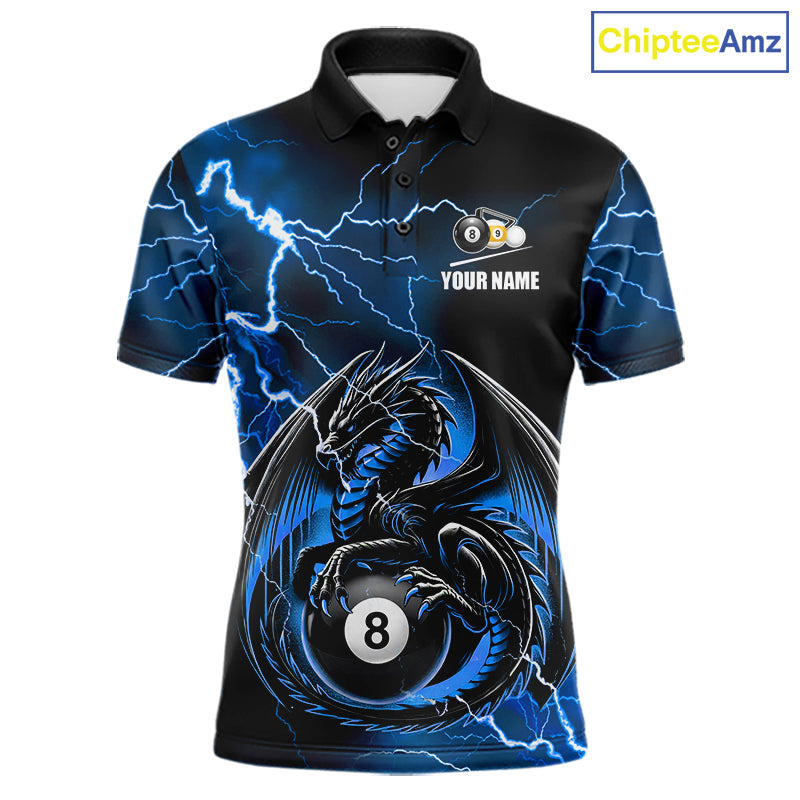 Blue thunder lightning dragon 8 ball and 9 ball billiard polo shirt for men with custom pool team graphics.