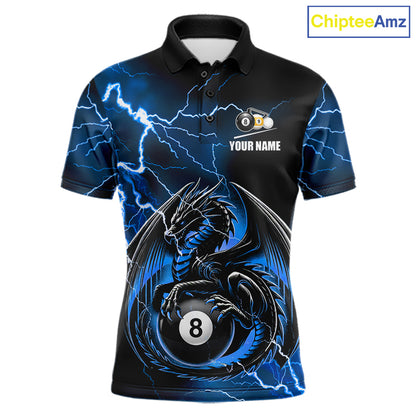 Blue thunder lightning dragon 8 ball and 9 ball billiard polo shirt for men with custom pool team graphics.