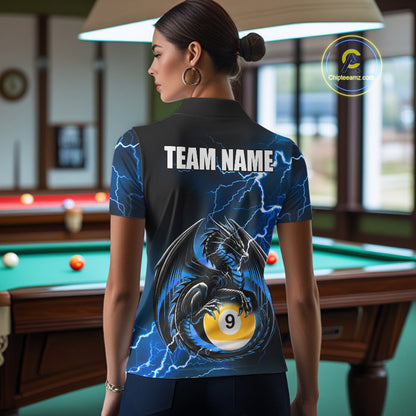 Back view of woman wearing a blue thunder lightning dragon 8 ball and 9 ball pool shirt in a billiards hall.