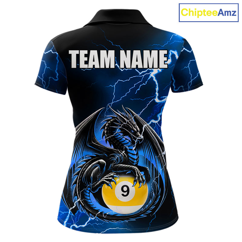 Blue thunder lightning dragon 8 ball and 9 ball billiard polo shirt for women with custom pool team graphics.