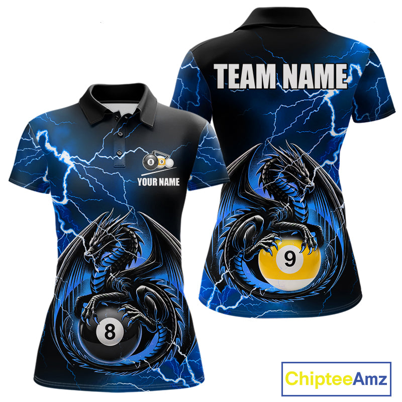 Blue thunder lightning dragon 8 ball and 9 ball billiard polo shirt for women with custom pool team graphics.