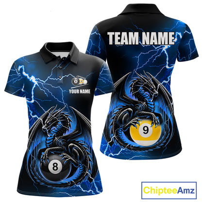 Blue thunder lightning dragon 8 ball and 9 ball billiard polo shirt for women with custom pool team graphics.