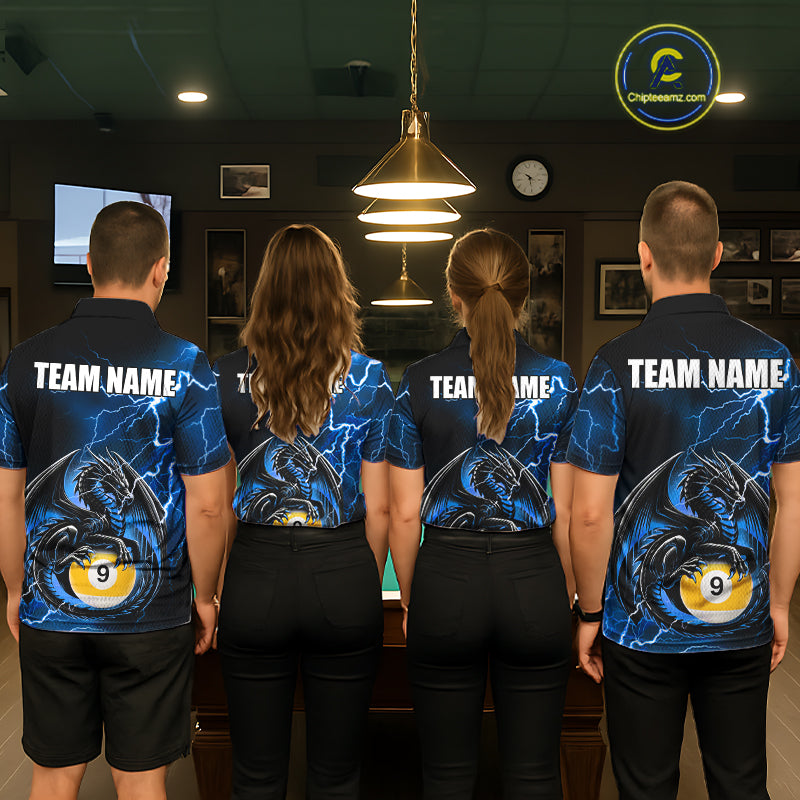 Back view of pool players wearing matching blue thunder lightning dragon billiard shirts in a game room.