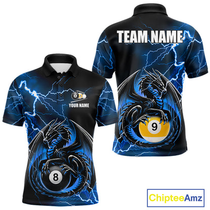 Blue thunder lightning dragon 8 ball and 9 ball billiard polo shirt for men with custom pool team graphics.