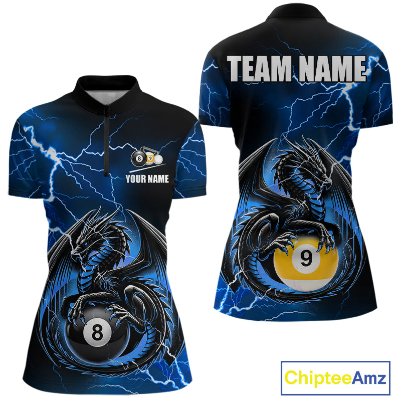 Blue thunder lightning dragon 8 ball and 9 ball billiard quarter zip shirt for women designed for league tournaments and team events.