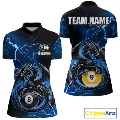 Blue thunder lightning dragon 8 ball and 9 ball billiard quarter zip shirt for women designed for league tournaments and team events.