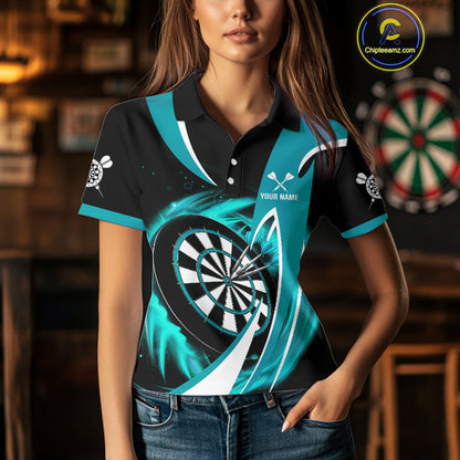 Personalized Turquoise & Black Darts Shirt For Women Custom Darts League Team Polo & 1/4 Zip Jerseys TDM4407
