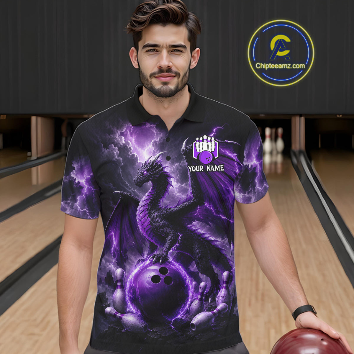 Man wearing personalized purple dragon bowling team jersey polo shirt featuring purple dragon artwork, front view.