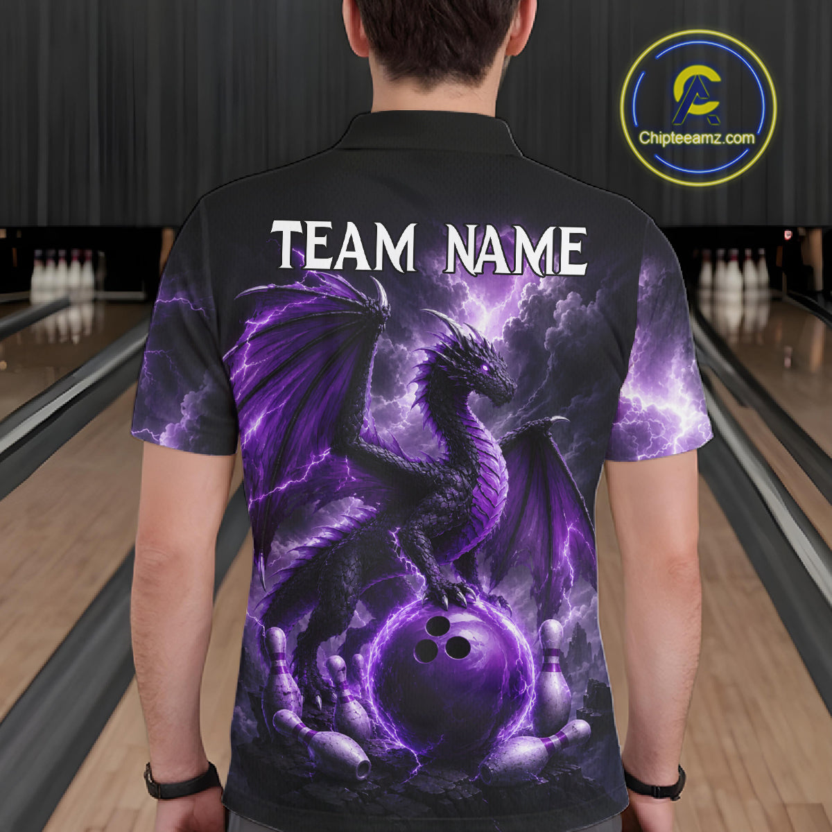 Man wearing personalized purple dragon bowling team jersey polo shirt featuring purple dragon artwork, back view.