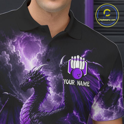 Close-up of personalized purple dragon bowling team jersey polo shirt featuring collar, buttons and purple dragon artwork.