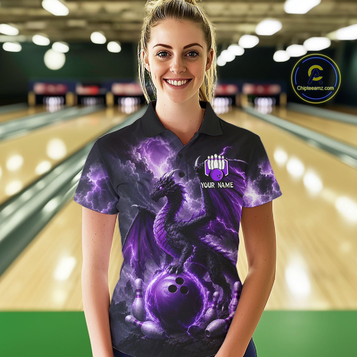 Woman wearing personalized purple dragon bowling team jersey polo shirt featuring purple dragon artwork, front view.