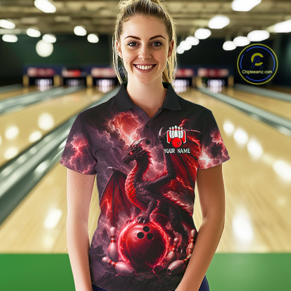 Woman wearing personalized red dragon bowling team jersey polo shirt featuring red dragon artwork, front view.