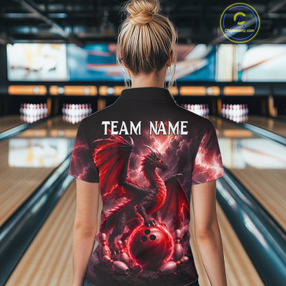 Woman wearing personalized red dragon bowling team jersey polo shirt featuring red dragon artwork, back view.