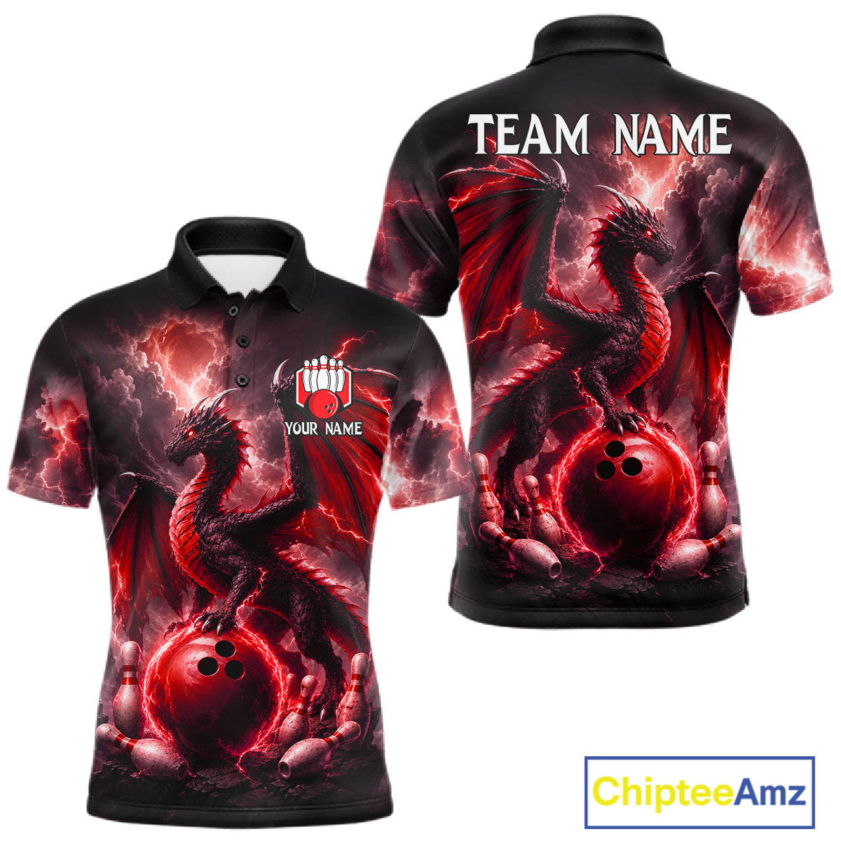 Personalized red dragon bowling team jersey polo shirt for men featuring a fierce red dragon design, premium custom bowling league apparel for tournaments and team play.