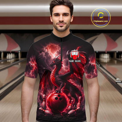 Man wearing personalized red dragon bowling team jersey quarter zip shirt featuring red dragon artwork, front view.